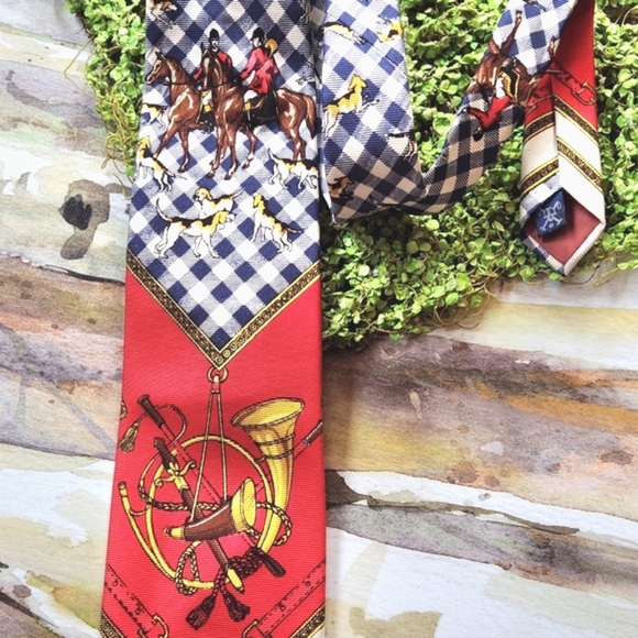 80s POLO Ralph Lauren Preppy HTF Fox Hunt HORSES Plaid Wide Collector Neck Tie - Picture 5 of 13